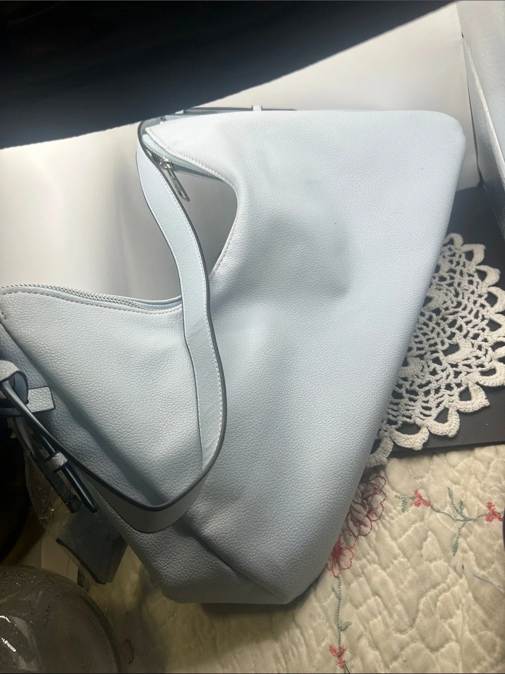 London Fog Pale Blue Pebbled Leather Shoulder Bag